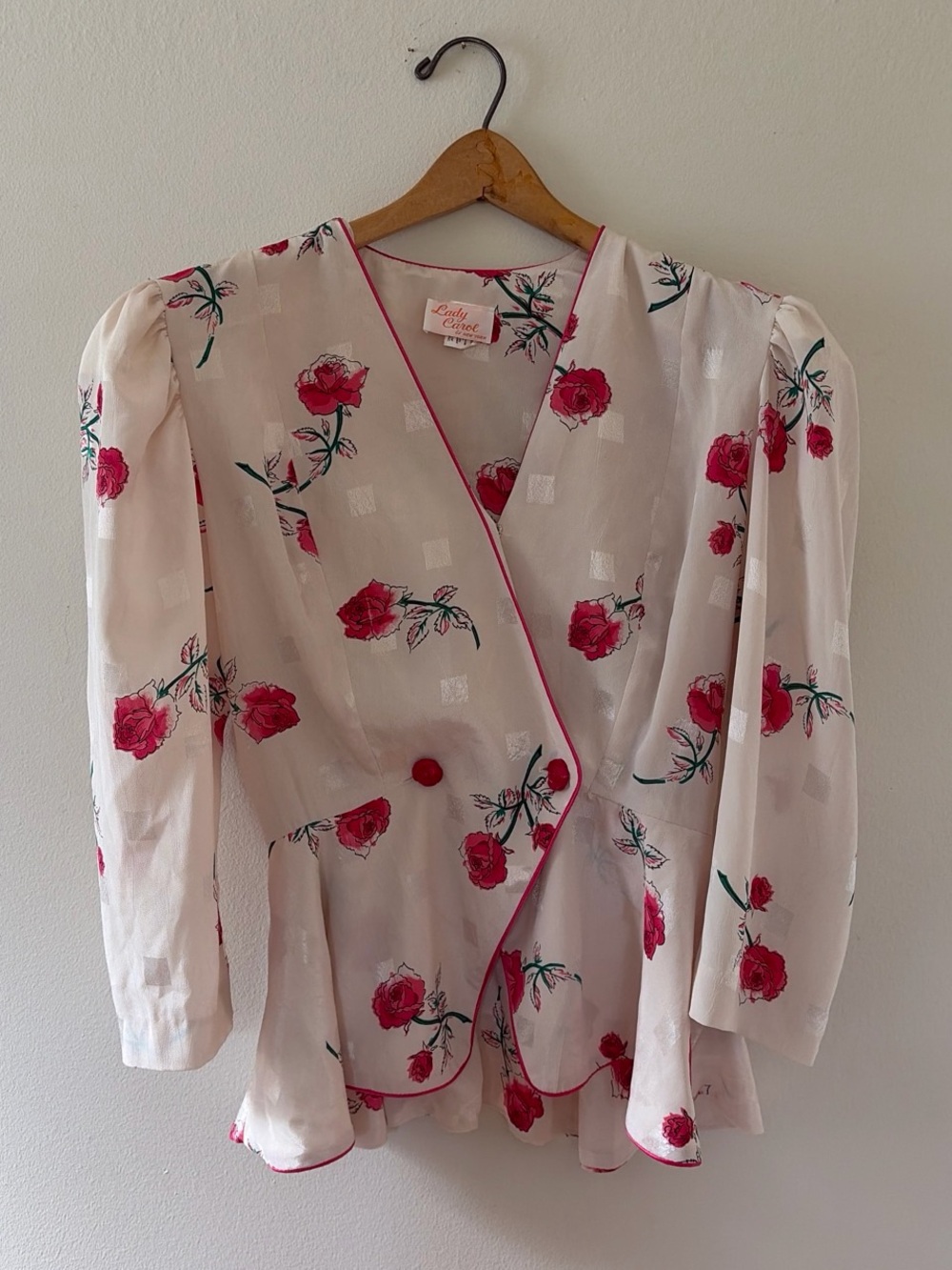 Lady Lane White Floral Wrap Blouse with Pink Rose Accents